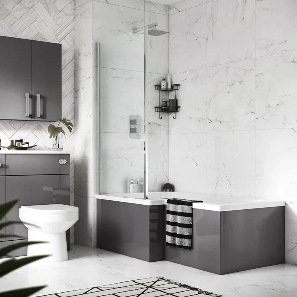 Apollo2 Shower Bath   1700mm L Shaped with Screen with Gloss Grey Panel