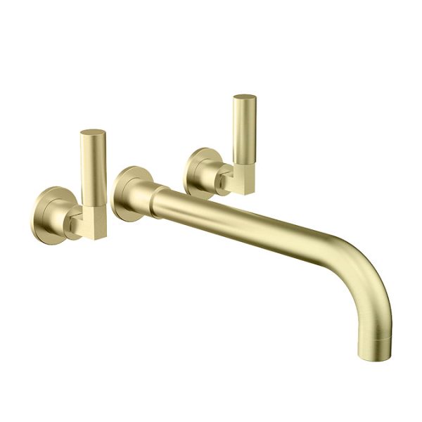 Arezzo Art Deco Lever Wall Mounted (3TH) Basin Mixer Tap   Brushed Brass - Image 2