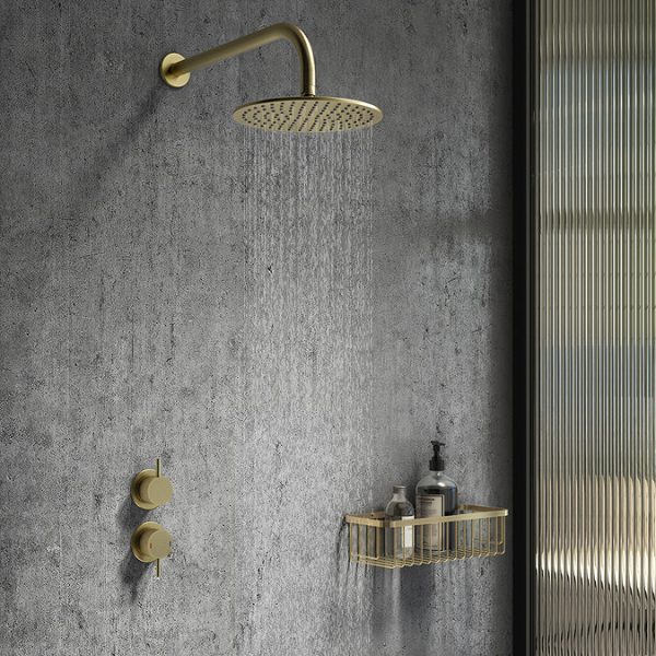 Arezzo Brushed Brass Concealed Individual Stop Tap + Thermostatic Control Valve with Wall Mounted Shower Head - Image 6