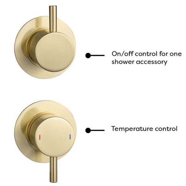 Arezzo Brushed Brass Concealed Individual Stop Tap + Thermostatic Control Valve with Wall Mounted Shower Head - Image 2