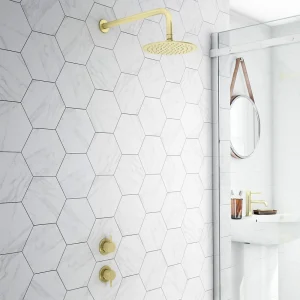 Arezzo Brushed Brass Concealed Individual Stop Tap + Thermostatic Control Valve with Wall Mounted Shower Head