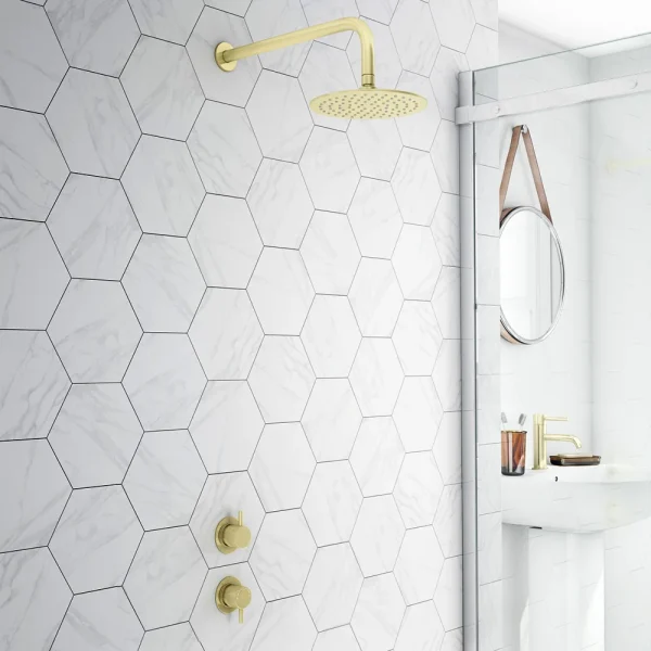 Arezzo Brushed Brass Concealed Individual Stop Tap + Thermostatic Control Valve with Wall Mounted Shower Head
