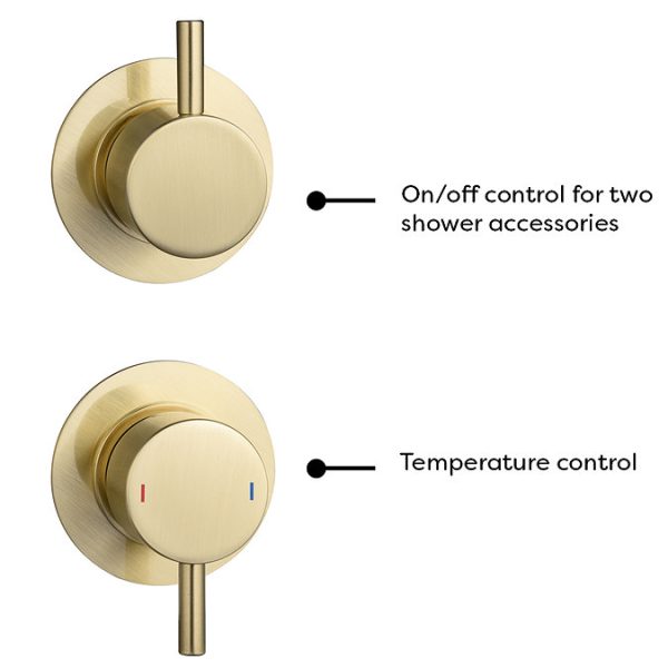 Arezzo Brushed Brass Concealed Individual Diverter + Thermostatic Control Valve w. 4 Body Jets + Fixed Head - Image 6