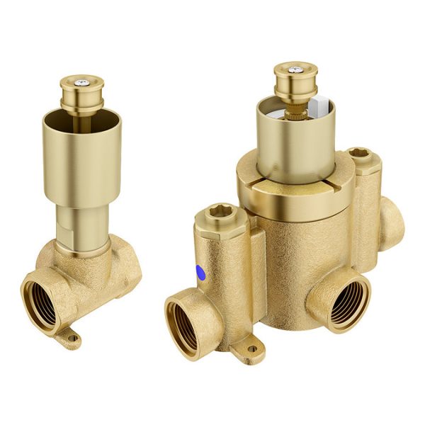 Arezzo Brushed Brass Concealed Individual Diverter + Thermostatic Control Valve w. 4 Body Jets + Fixed Head - Image 2