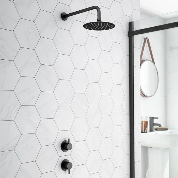 Arezzo Matt Black Concealed Individual Stop Tap + Thermostatic Control Valve with 200mm Shower Head
