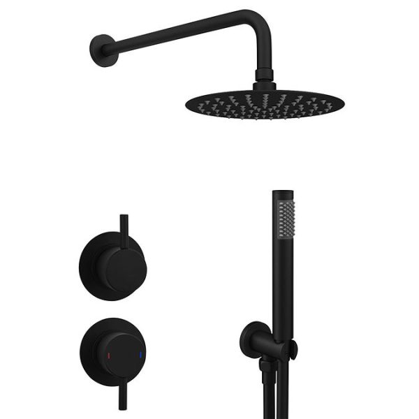 Arezzo Matt Black Concealed Individual Diverter + Thermostatic Control Valve with Handset + 200mm Shower Head - Image 7