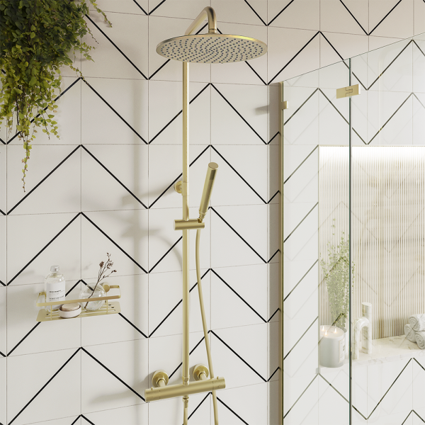 Arezzo Deluxe Cool Touch Round Thermostatic Shower (250mm Head   Brushed Brass)