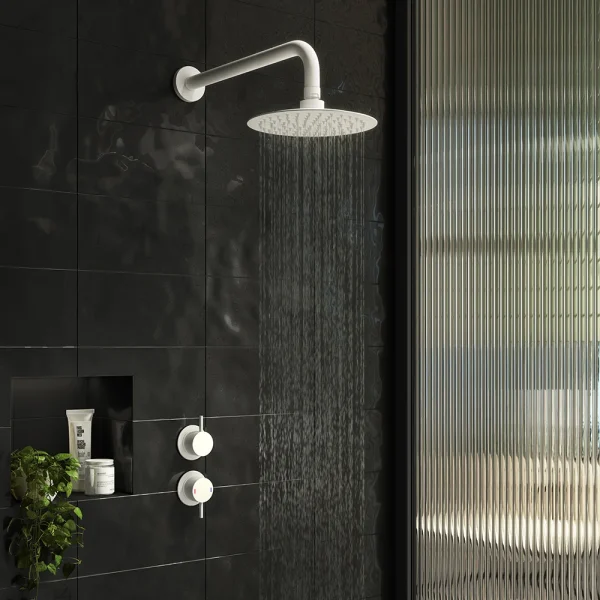 Arezzo Matt White Concealed Individual Stop Tap + Thermostatic Control Valve with Wall Mounted Shower Head