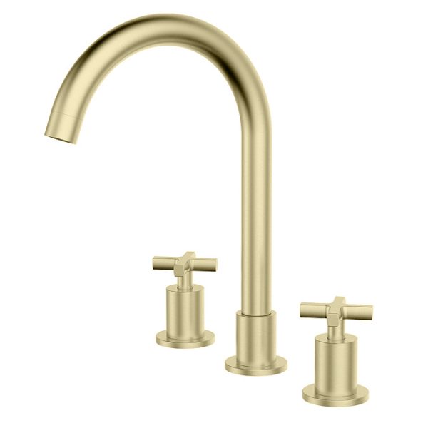 Arezzo Art Deco Crosshead Deck Mounted (3TH) Basin Mixer Tap   Brushed Brass - Image 2