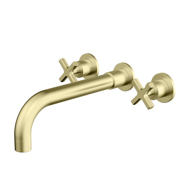 Arezzo Art Deco Crosshead Wall Mounted (3TH) Basin Mixer Tap   Brushed Brass - Image 4
