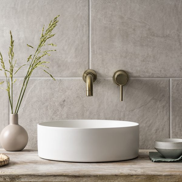 Arezzo Round Brushed Brass Wall Mounted (2TH) Basin Mixer Tap - Image 3