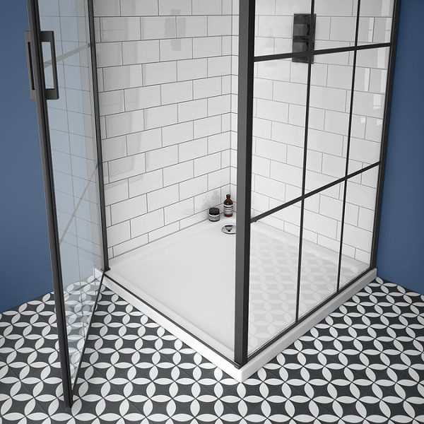 Arezzo 1000 x 900 Matt Black Grid Frameless Pivot Door Shower Enclosure + Tray - Image 4
