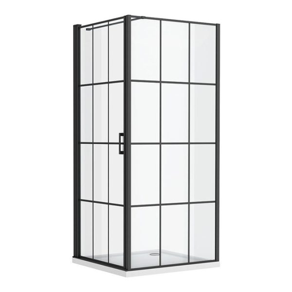 Arezzo 1000 x 900 Matt Black Grid Frameless Pivot Door Shower Enclosure + Tray - Image 2