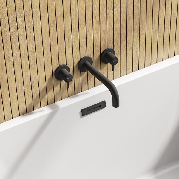 Arezzo Fluted Round Matt Black Wall Mounted (3TH) Bath Filler Tap - Image 4