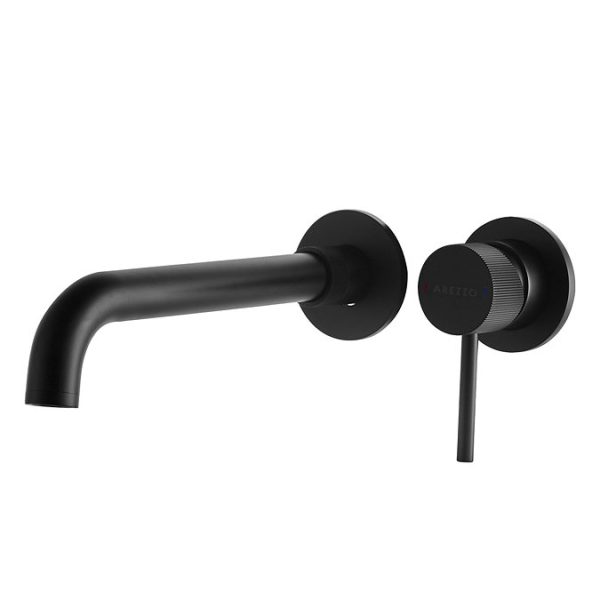Arezzo Fluted Round Matt Black Wall Mounted (2TH) Basin Mixer Tap - Image 3