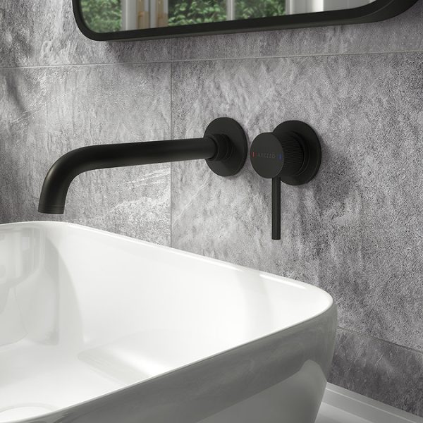Arezzo Fluted Round Matt Black Wall Mounted (2TH) Basin Mixer Tap - Image 4