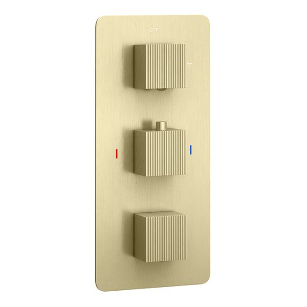 Arezzo Fluted Brushed Brass Concealed Shower Package with Valve, Square Fixed Head and Handset - Image 5