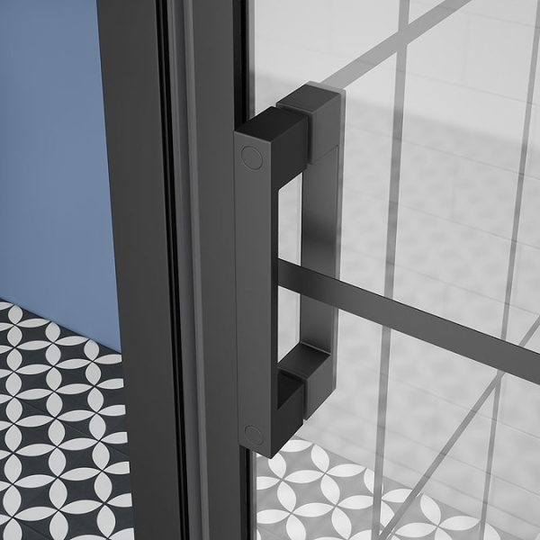 Arezzo 900 x 900 Matt Black Grid Frameless Pivot Door Shower Enclosure + Tray - Image 4