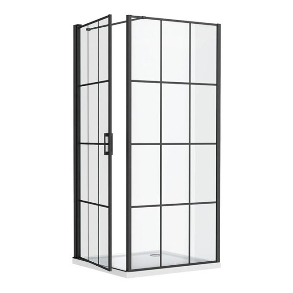 Arezzo 900 x 900 Matt Black Grid Frameless Pivot Door Shower Enclosure + Tray - Image 6
