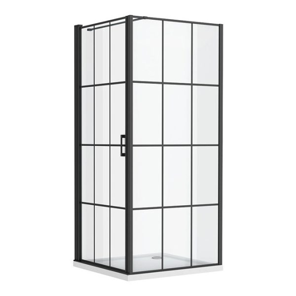 Arezzo 900 x 900 Matt Black Grid Frameless Pivot Door Shower Enclosure + Tray - Image 2