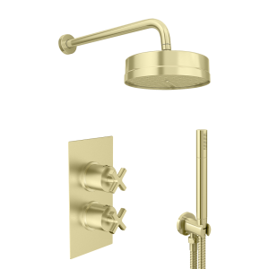 Arezzo Art Deco Crosshead Brushed Brass Shower with Concealed Valve, Wall Mounted 195mm Head + Handset