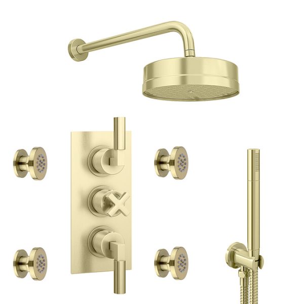 Arezzo Art Deco Lever Brushed Brass Luxury Spa 3 Outlet Shower Bundle - Image 9