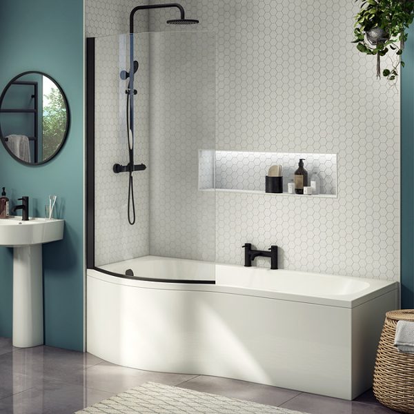 Arezzo B Shaped Shower Bath (1700mm with Screen + Front Panel) - Image 4