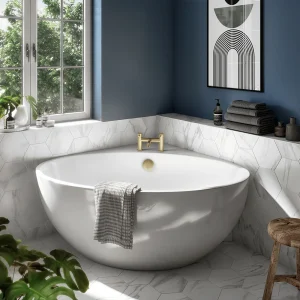 Arezzo Corner Modern Free Standing Bath (1270 x 1270mm) with Brushed Brass Waste