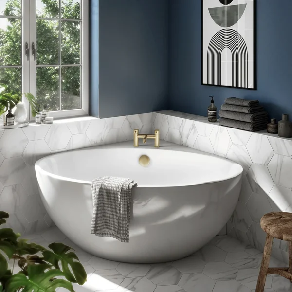 Arezzo Corner Modern Free Standing Bath (1270 x 1270mm) with Brushed Brass Waste