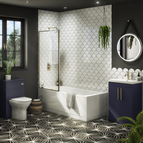 Arezzo Straight Square Shower Bath w. Brushed Brass Framed Fixed Screen - Image 2