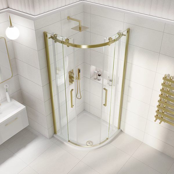Arezzo Brushed Brass 900 x 900mm Frameless Quadrant Shower Enclosure - Image 3