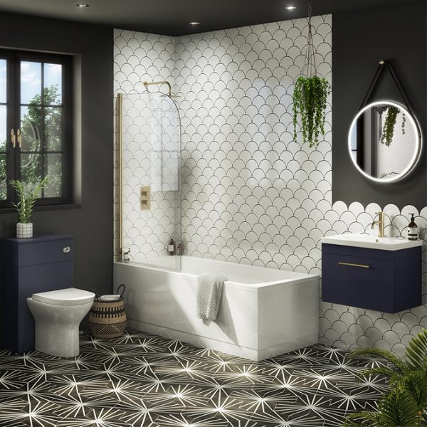 Arezzo Straight Round Shower Bath w. Brushed Brass Curved Top Pivot Screen - Image 2