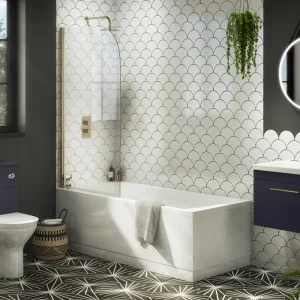 Arezzo Straight Round Shower Bath w. Brushed Brass Curved Top Pivot Screen