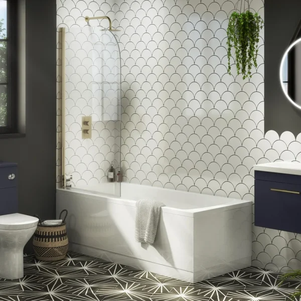 Arezzo Straight Round Shower Bath w. Brushed Brass Curved Top Pivot Screen