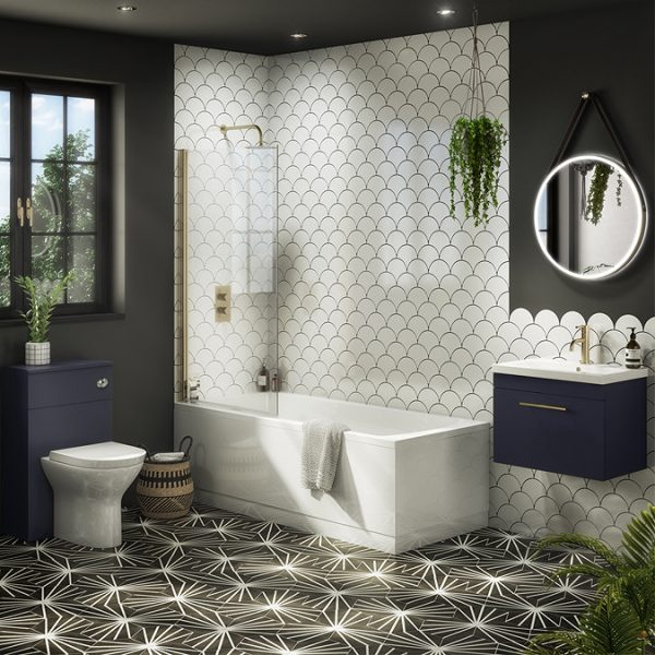 Arezzo Straight Square Shower Bath w. Brushed Brass Pivot Screen - Image 2