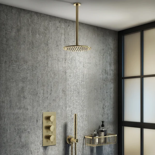 Arezzo Brushed Brass Round Thermostatic Shower Pack with Ceiling Mounted Head + Handset