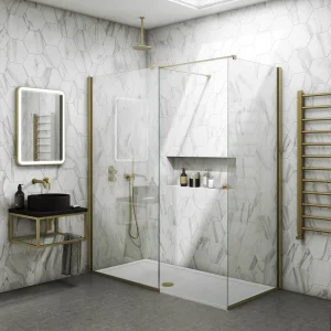 Arezzo Brushed Brass 10mm Glass 1400 x 800 Wet Room (with Screen, Side Panel + Tray)