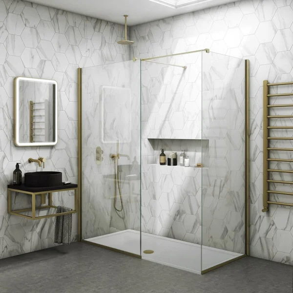 Arezzo Brushed Brass 10mm Glass 1400 x 900 Wet Room (with Screen, Side Panel + Tray)