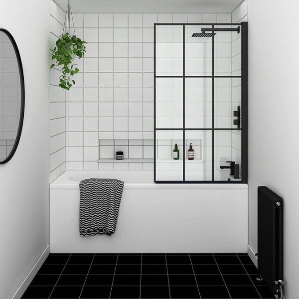 Arezzo Matt Black Grid Bath Screen with Curved Single Ended Bath - Image 2