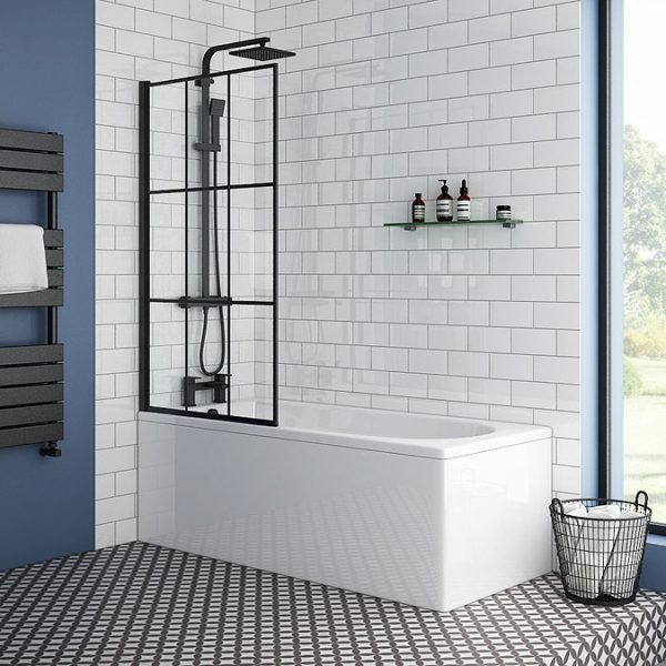 Arezzo Matt Black Grid Bath Screen with Curved Single Ended Bath - Image 5