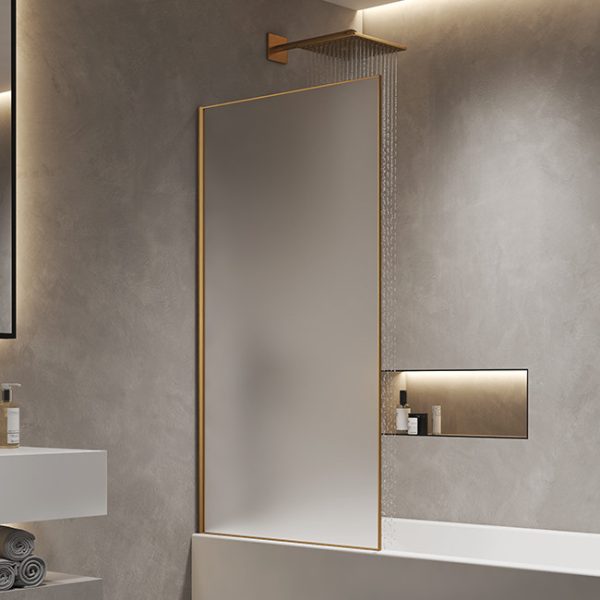 Arezzo Frosted Glass Brushed Brass Framed Fixed Single Ended Shower Bath - Image 3