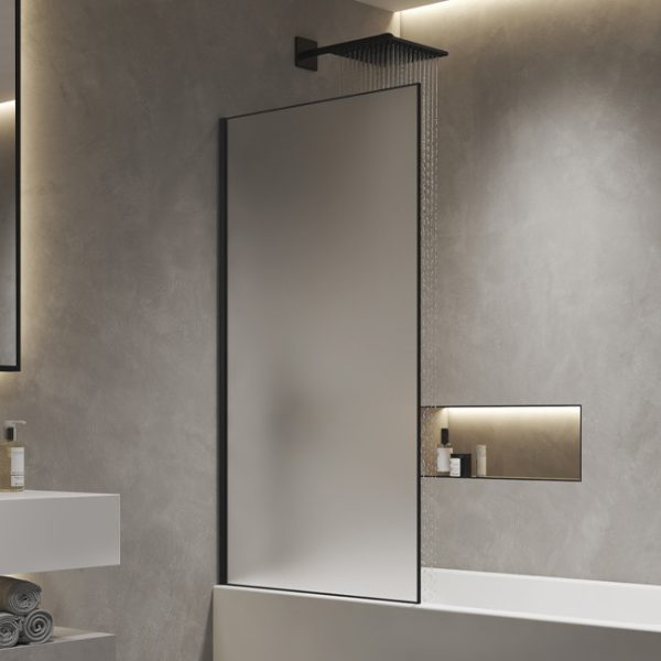 Arezzo Frosted Glass Matt Black Framed Fixed Single Ended Shower Bath - Image 3
