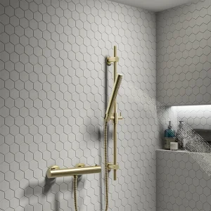 Arezzo Brushed Brass Round Bar Shower Valve incl. Slide Rail Kit with Pencil Handset