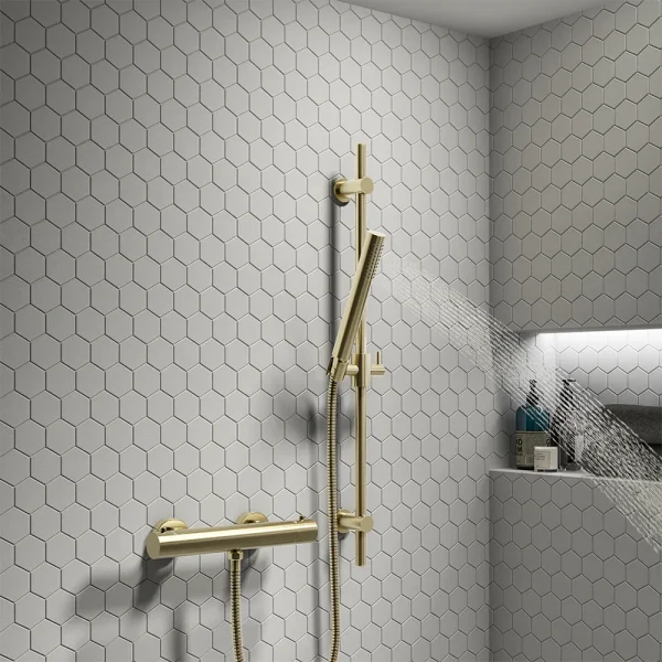 Arezzo Brushed Brass Round Bar Shower Valve incl. Slide Rail Kit with Pencil Handset