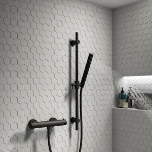 Arezzo Matt Black Round Bar Shower Valve incl. Slide Rail Kit with Pencil Handset