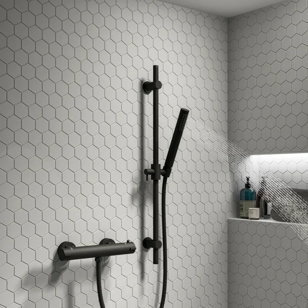 Arezzo Matt Black Round Bar Shower Valve incl. Slide Rail Kit with Pencil Handset