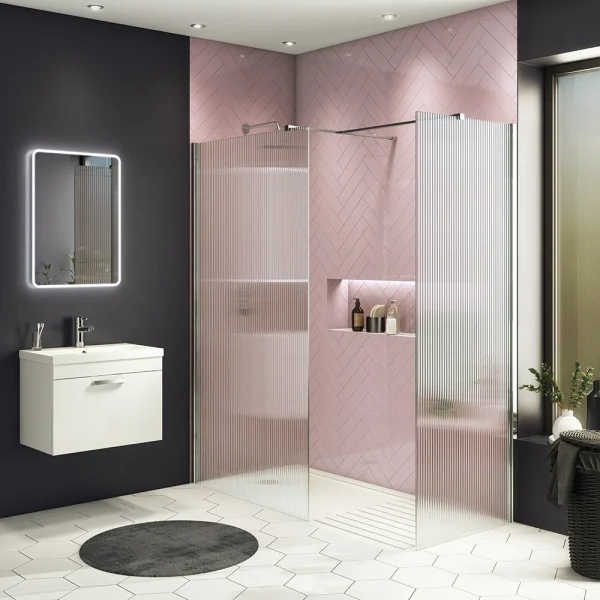 Arezzo 1600 x 800 Fluted Glass Chrome Walk In Enclosure (inc. Main Screen, Side Panel + Tray)