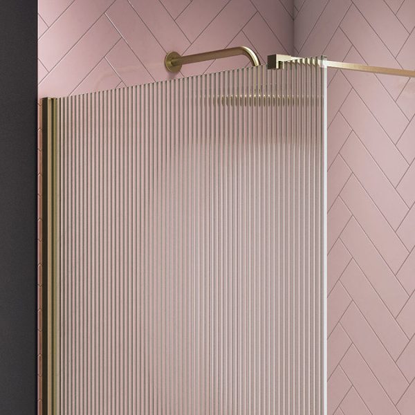 Arezzo 1400 x 900 Fluted Glass Brushed Brass Profile Wet Room (800 Screen, Square Support Arm + Tray) - Image 4