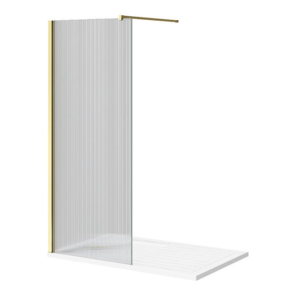 Arezzo 1400 x 900 Fluted Glass Brushed Brass Profile Wet Room (800 Screen, Square Support Arm + Tray) - Image 2