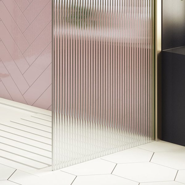 Arezzo 1600 x 800 Fluted Glass Brushed Brass Walk In Enclosure (inc. Main Screen, Side Panel + Tray) - Image 7
